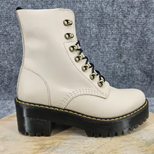 Dr. Martens Leona Women's Size 8 Taupe Leather Platform Lace Up Combat Boots