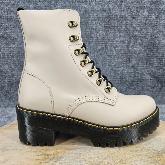 Dr. Martens Leona Women's Size 8 Taupe Leather Platform Lace Up Combat Boots