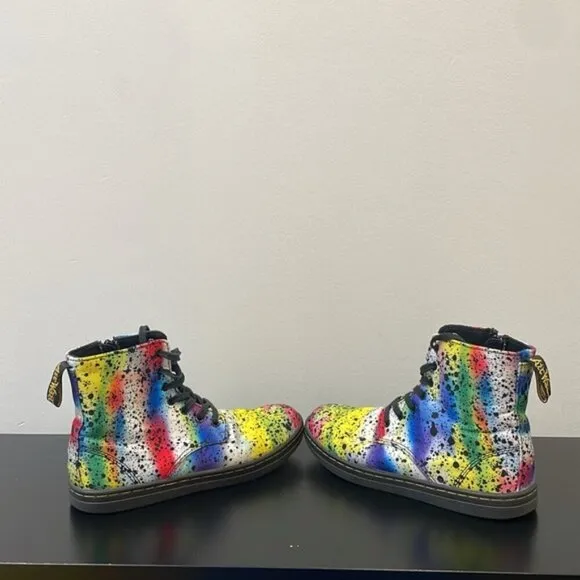 DR MARTENS MARLEY CANVAS BOOTS PAINT SPLATTER RAINBOW zipper lace youth size 3