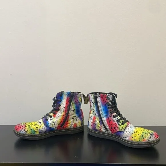 DR MARTENS MARLEY CANVAS BOOTS PAINT SPLATTER RAINBOW zipper lace youth size 3