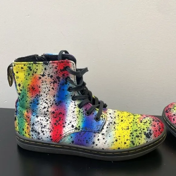 DR MARTENS MARLEY CANVAS BOOTS PAINT SPLATTER RAINBOW zipper lace youth size 3
