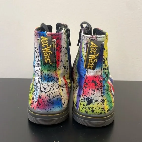 DR MARTENS MARLEY CANVAS BOOTS PAINT SPLATTER RAINBOW zipper lace youth size 3