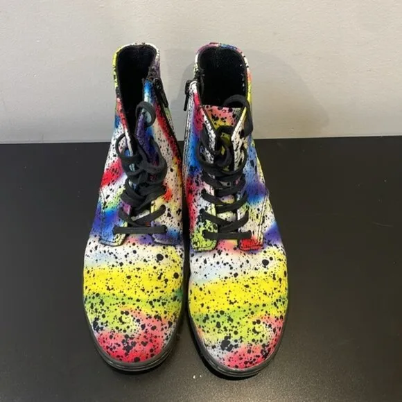DR MARTENS MARLEY CANVAS BOOTS PAINT SPLATTER RAINBOW zipper lace youth size 3
