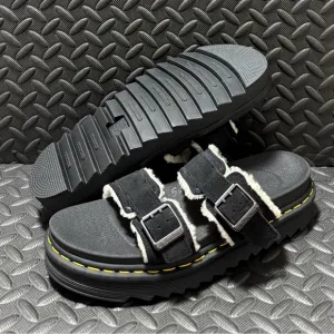 Dr‎ Martens Mens Myles Black Suede Fur Lined Buckle Slide Sandals Mens Size 11