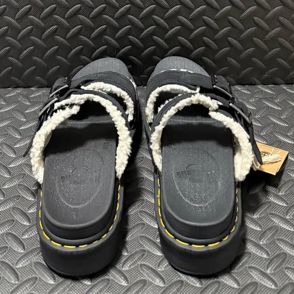 Dr‎ Martens Mens Myles Black Suede Fur Lined Buckle Slide Sandals Mens Size 11