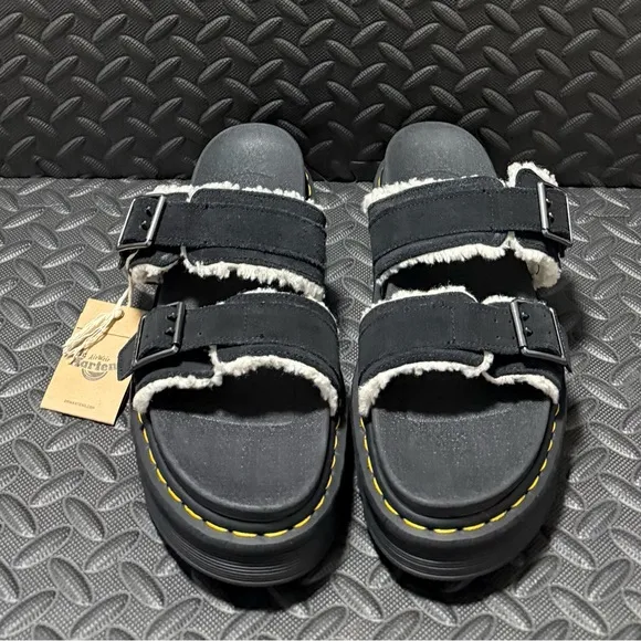 Dr‎ Martens Mens Myles Black Suede Fur Lined Buckle Slide Sandals Mens Size 11