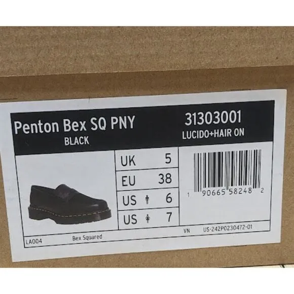 Dr. Martens Penton Bex Square Toe Hair-On &amp; Black Lucido Leather Loafers UK5 NIB