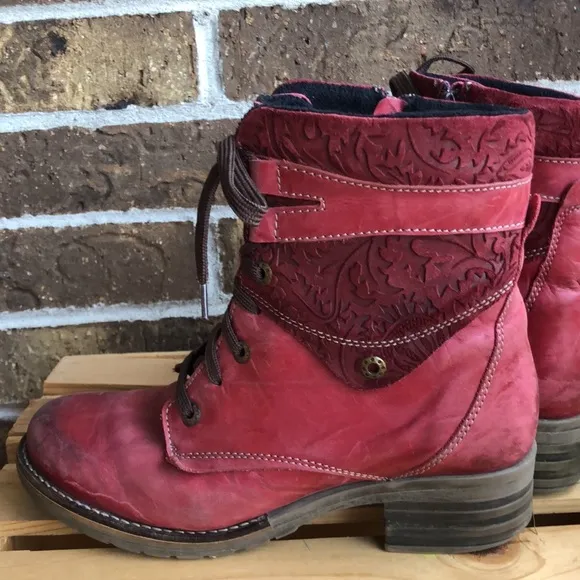 Dromedaris Kara Print Burgundy Leather Lace Up Boots