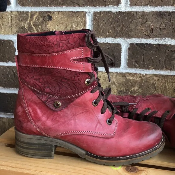 Dromedaris Kara Print Burgundy Leather Lace Up Boots