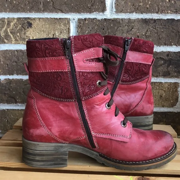 Dromedaris Kara Print Burgundy Leather Lace Up Boots