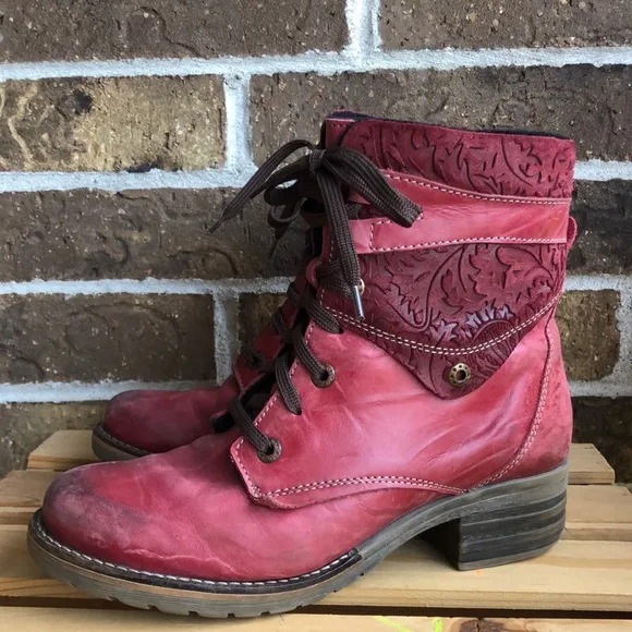 Dromedaris Kara Print Burgundy Leather Lace Up Boots