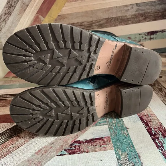 Dromedaris Kara Suede Teal Lace-Up Boots EUC Inside Zipper Leather Boho 8-8.5