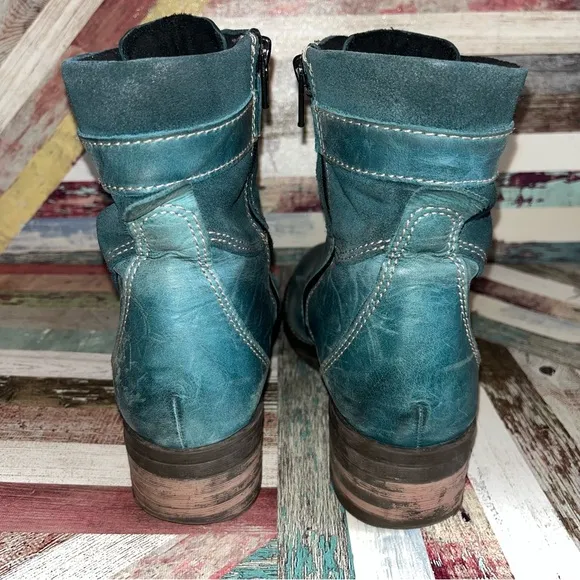 Dromedaris Kara Suede Teal Lace-Up Boots EUC Inside Zipper Leather Boho 8-8.5