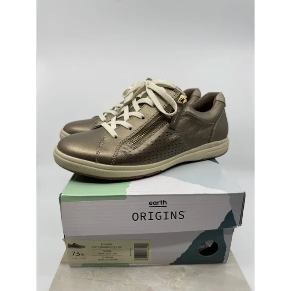Earth Origins Womens Etta Platinum Metallic Leather Zip Shoes Size 7.5W Comfort