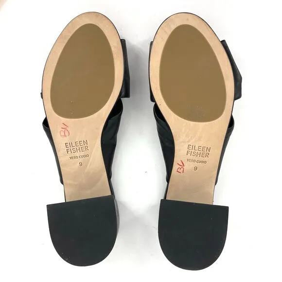 Eileen Fisher black leather Vow sandals knotted leather slide mules block heel 9