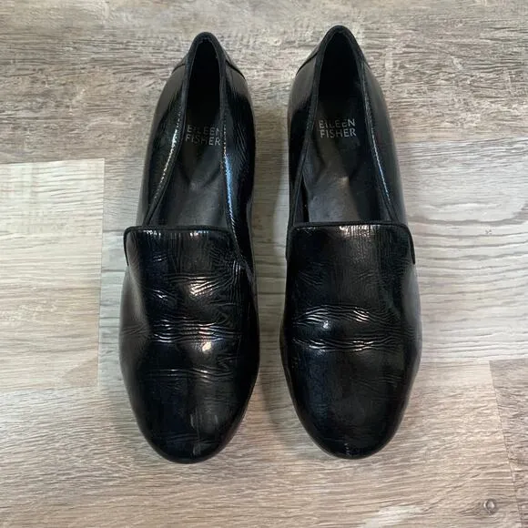 Eileen Fisher Black Patent Leather Flats Slip On Loafers Size 6.5