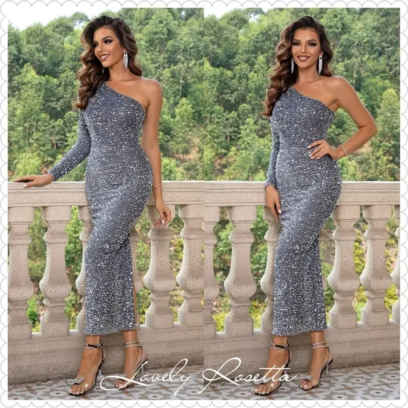 Elegant Pink Sequin One-Shoulder Dress