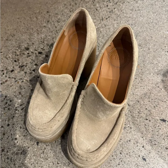 Elegant Tan Platform Loafers Chloe Jamie Suede Loafer Pumps Size 35 5