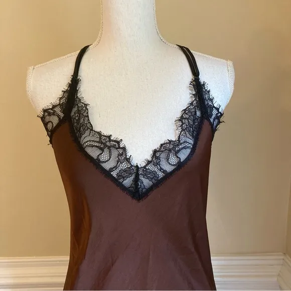 ESSENTIEL ANTWERP Erica Brown Black Lace Trim Cami Slip Dress NWT