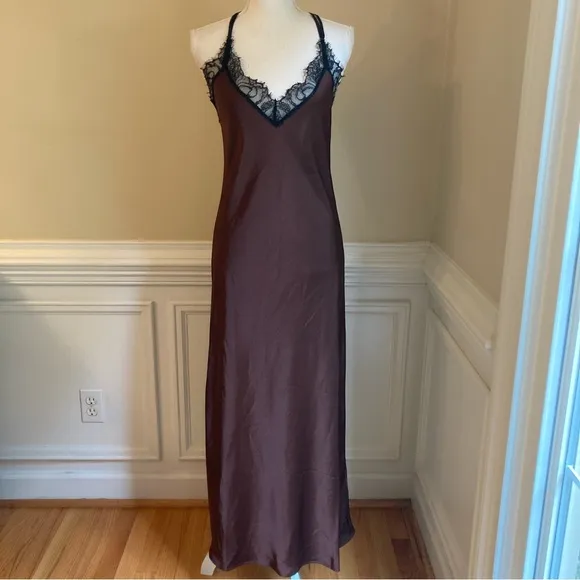 ESSENTIEL ANTWERP Erica Brown Black Lace Trim Cami Slip Dress NWT