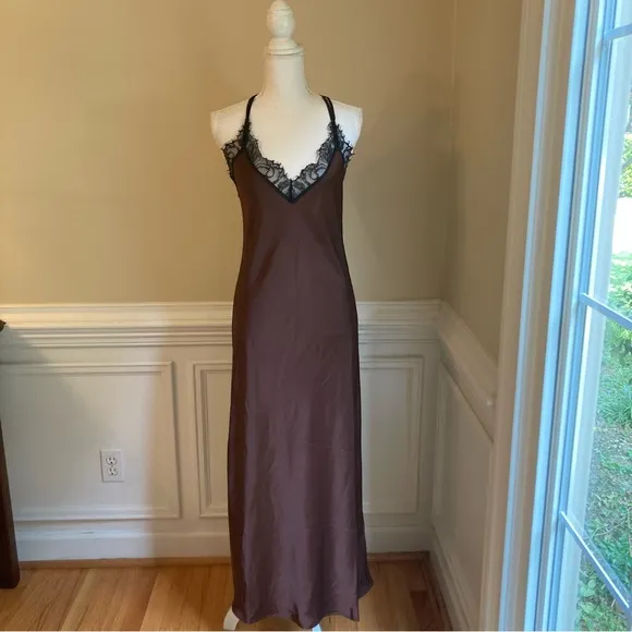 ESSENTIEL ANTWERP Erica Brown Black Lace Trim Cami Slip Dress NWT