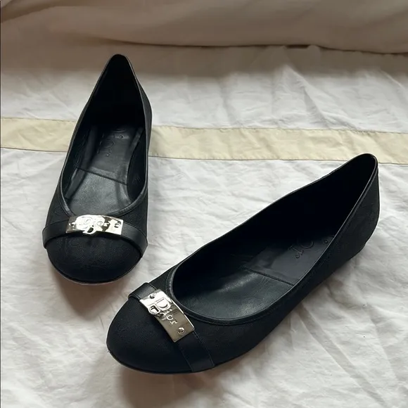 Fabulous Dior Black Ballet Flats with Silver Metal Detail 37