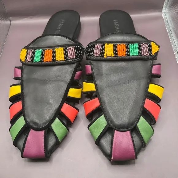 Farm Rio Beaded Slide Sandals Colorful Straps Slip On Flats