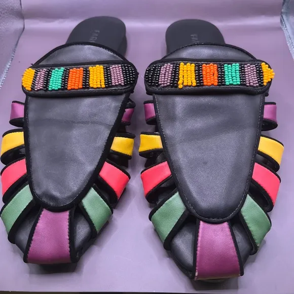 Farm Rio Beaded Slide Sandals Colorful Straps Slip On Flats