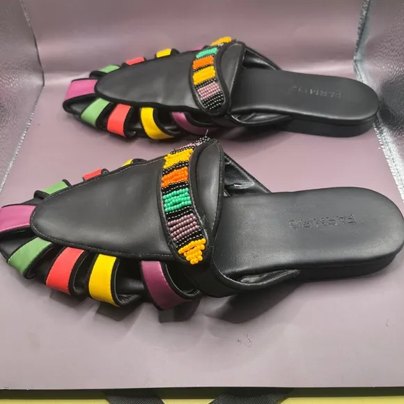 Farm Rio Beaded Slide Sandals Colorful Straps Slip On Flats