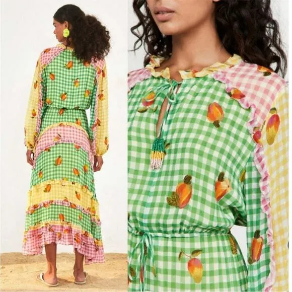 Farm Rio Green Mixed Picnic Ruffle maxi Size Small gingham NWT