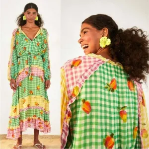 Farm Rio Green Mixed Picnic Ruffle maxi Size Small gingham NWT