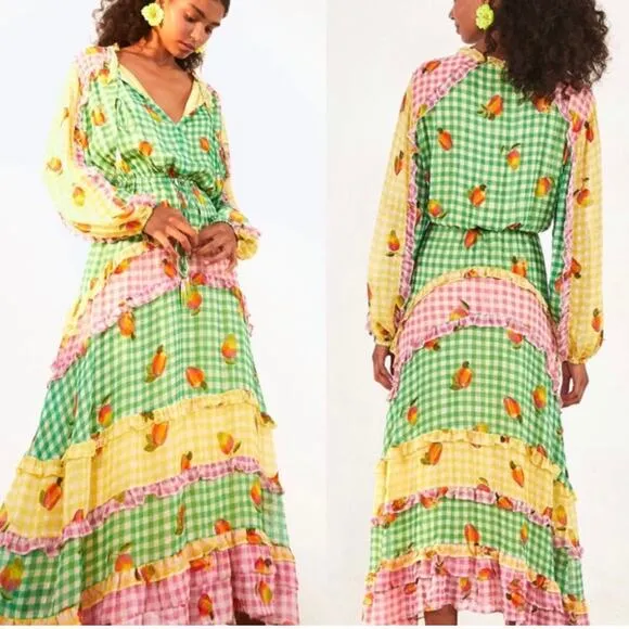 Farm Rio Green Mixed Picnic Ruffle maxi Size Small gingham NWT