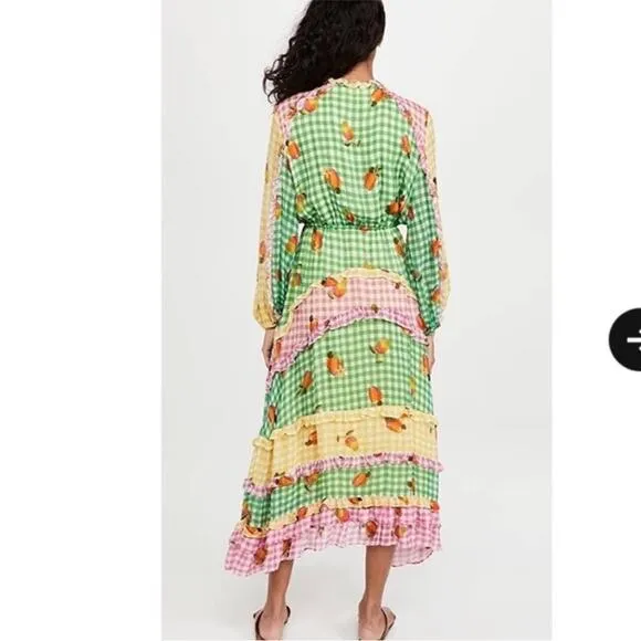 Farm Rio Green Mixed Picnic Ruffle maxi Size Small gingham NWT