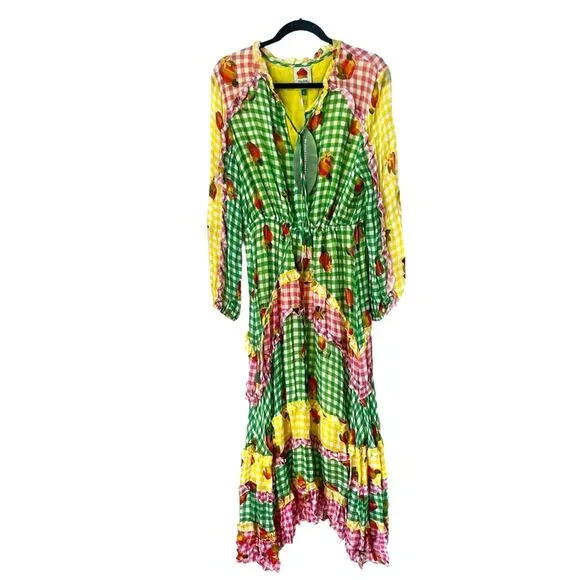 Farm Rio Green Mixed Picnic Ruffle maxi Size Small gingham NWT