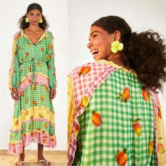 Farm Rio Green Mixed Picnic Ruffle maxi Size Small gingham NWT