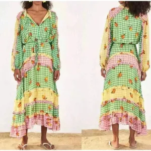 Farm Rio Mixed Picnic Ruffle Trim Maxi Dress Size Medium New With Tags
