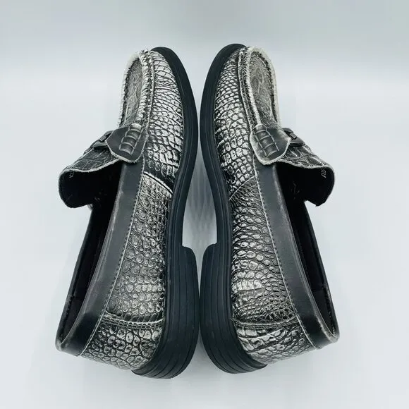 Fashion Shoes Mens Size 8.5 Black Textured Leather Croc Loafers Comfort Driving