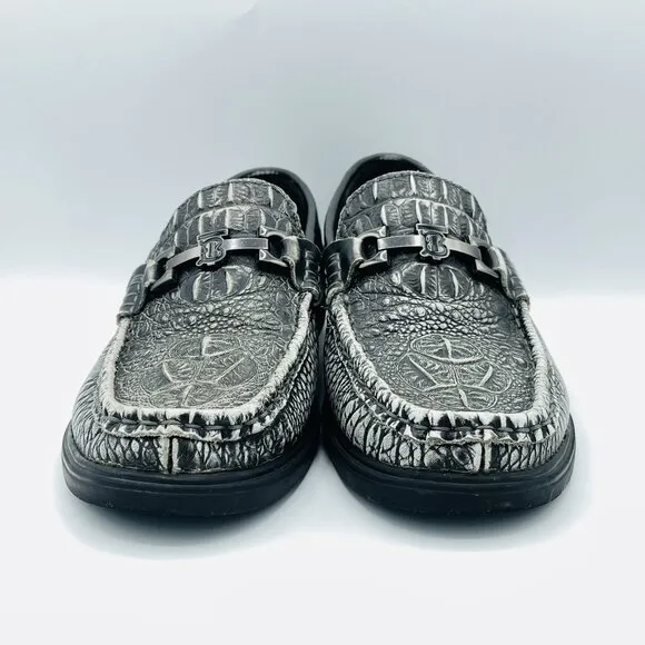 Fashion Shoes Mens Size 8.5 Black Textured Leather Croc Loafers Comfort Driving