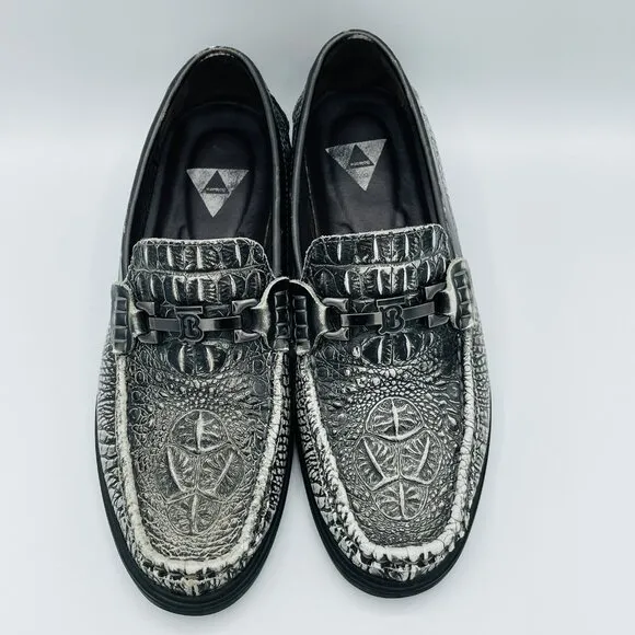 Fashion Shoes Mens Size 8.5 Black Textured Leather Croc Loafers Comfort Driving