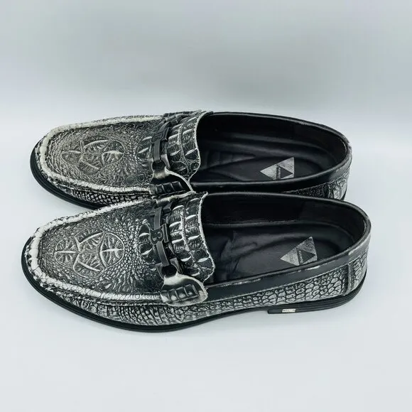 Fashion Shoes Mens Size 8.5 Black Textured Leather Croc Loafers Comfort Driving