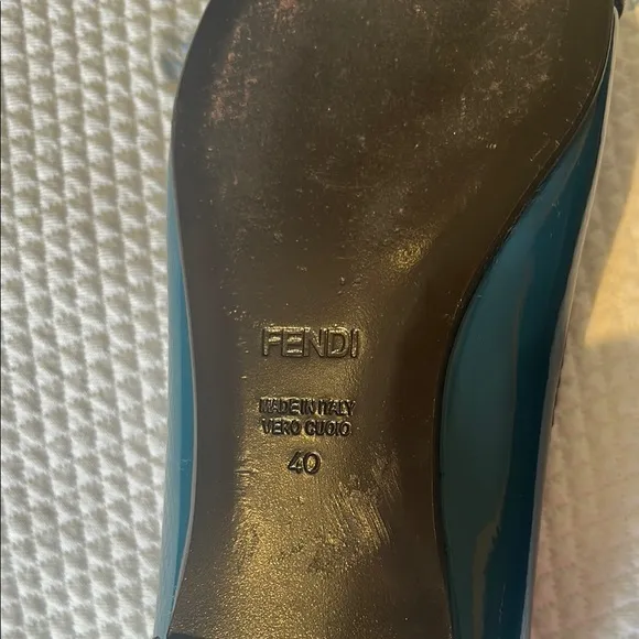 Fendi Blue Patent Leather Flats with Silver Buckle