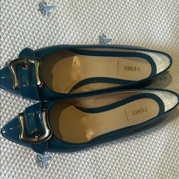 Fendi Blue Patent Leather Flats with Silver Buckle