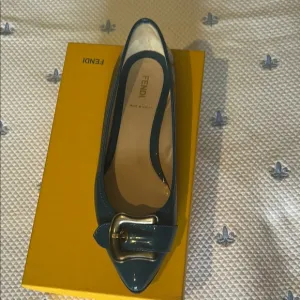 Fendi Blue Patent Leather Flats with Silver Buckle