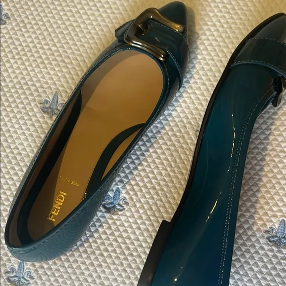 Fendi Blue Patent Leather Flats with Silver Buckle