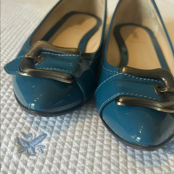Fendi Blue Patent Leather Flats with Silver Buckle