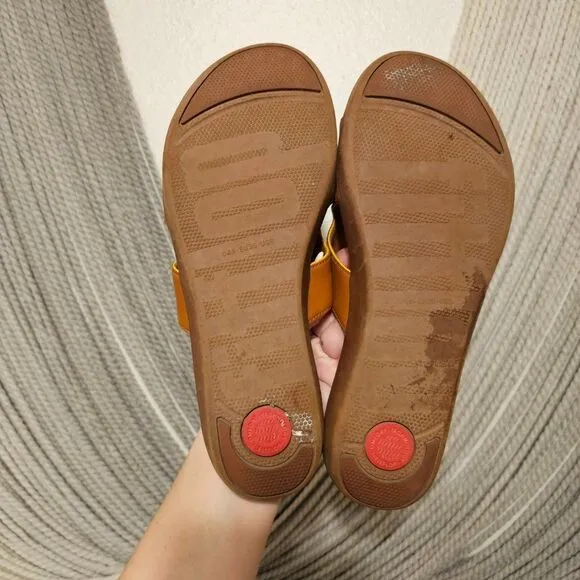 FitFlop H-Bar Leather Slide Platform Sandals Cognac/Yellow Sz 8