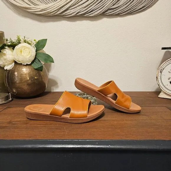 FitFlop H-Bar Leather Slide Platform Sandals Cognac/Yellow Sz 8