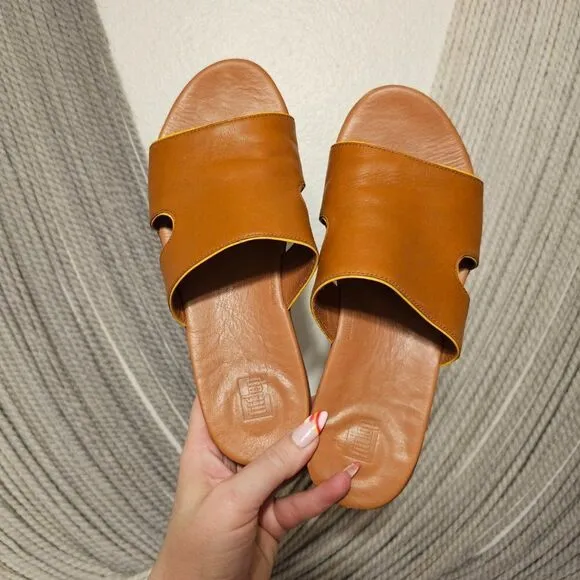 FitFlop H-Bar Leather Slide Platform Sandals Cognac/Yellow Sz 8