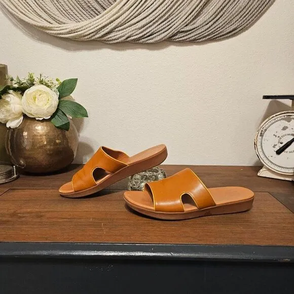 FitFlop H-Bar Leather Slide Platform Sandals Cognac/Yellow Sz 8