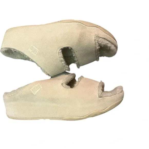 FitFlop Shuv Two-Bar Shearling-Lined Suede Slippers rose cream leather slides